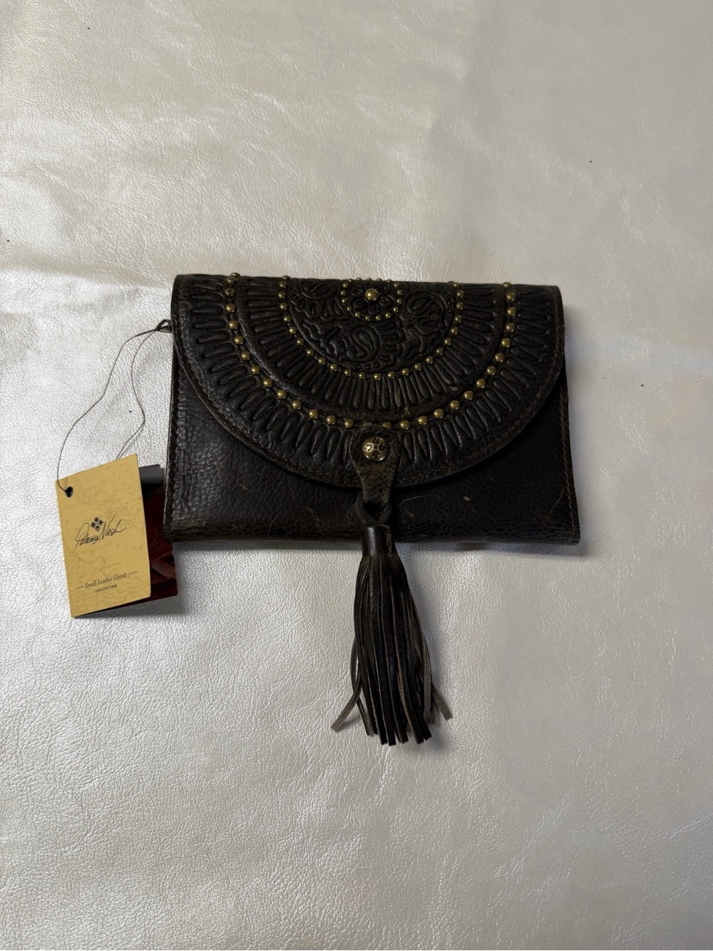 Patricia Nash Dark Brown Embossed Leather Tassel Wallet Clutch
